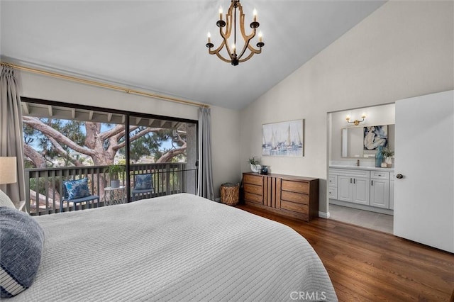 220 S Prospect Ave Unit 9, Redondo Beach, CA 90277 - bedroom featuring a chandelier, wood finished floors, ensuite bathroom, access to outside, and high vaulted ceiling