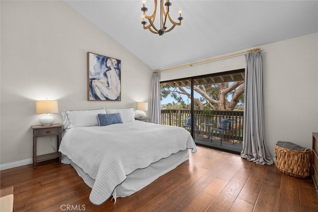 220 S Prospect Ave Unit 9, Redondo Beach, CA 90277 - bedroom featuring a chandelier, access to outside, hardwood / wood-style floors, and vaulted ceiling