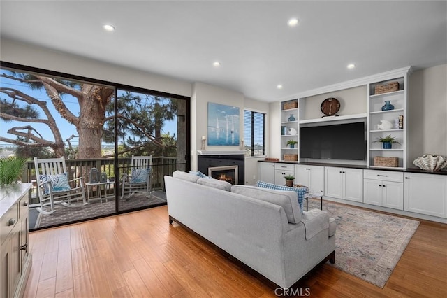 220 S Prospect Ave Unit 9, Redondo Beach, CA 90277 - living area with a glass covered fireplace, light wood-style flooring, and recessed lighting