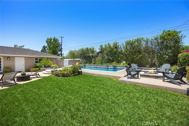 1831 Cockscrow Ln, North Tustin, CA 92705 - view of green lawn featuring a fire pit, a patio area, and an outdoor pool