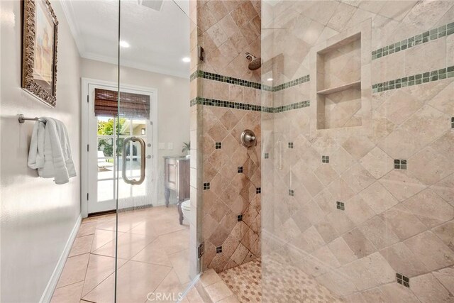 1831 Cockscrow Ln, North Tustin, CA 92705 - bathroom with ornamental molding, a stall shower, tile patterned flooring, and recessed lighting