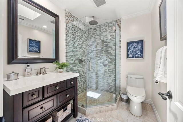 1831 Cockscrow Ln, North Tustin, CA 92705 - bathroom featuring vanity, crown molding, and a shower stall
