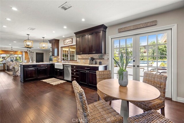 1831 Cockscrow Ln, North Tustin, CA 92705 - dining area with french doors, healthy amount of natural light, recessed lighting, and dark wood-style floors