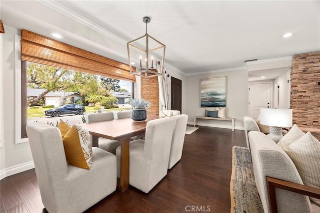 1831 Cockscrow Ln, North Tustin, CA 92705 - dining room featuring a chandelier, recessed lighting, ornamental molding, and dark wood-style flooring