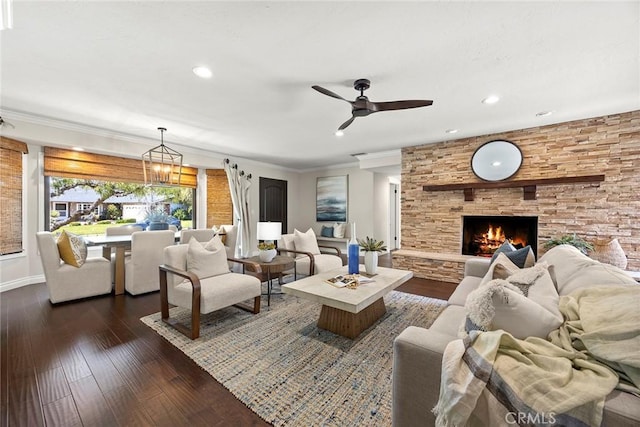 1831 Cockscrow Ln, North Tustin, CA 92705 - living room featuring dark wood-type flooring, recessed lighting, a fireplace, ceiling fan, and ornamental molding