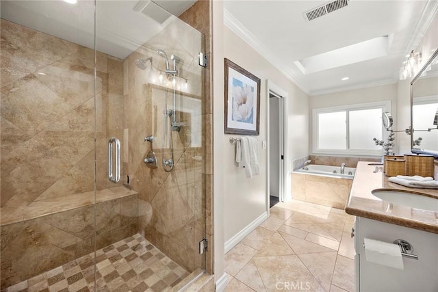1831 Cockscrow Ln, North Tustin, CA 92705 - bathroom featuring a bath, double vanity, ornamental molding, a shower stall, and tile patterned flooring