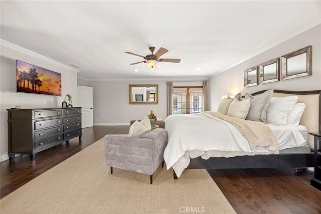 1831 Cockscrow Ln, North Tustin, CA 92705 - bedroom with ornamental molding, dark wood-type flooring, recessed lighting, and a ceiling fan