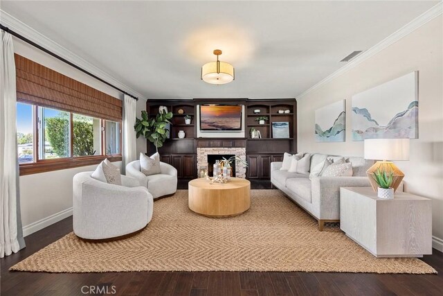 1831 Cockscrow Ln, North Tustin, CA 92705 - living room with ornamental molding, wood finished floors, a fireplace, and built in shelves