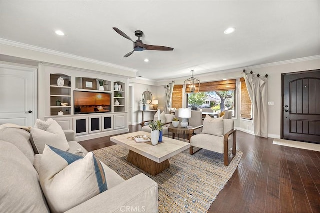 1831 Cockscrow Ln, North Tustin, CA 92705 - living room featuring a ceiling fan, crown molding, recessed lighting, and dark wood-type flooring