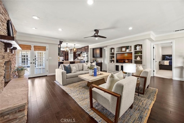 1831 Cockscrow Ln, North Tustin, CA 92705 - living area featuring crown molding, recessed lighting, ceiling fan, french doors, and dark wood-style floors