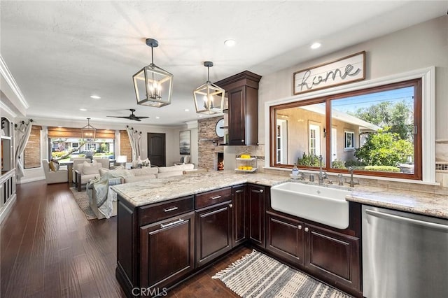 1831 Cockscrow Ln, North Tustin, CA 92705 - kitchen with stainless steel dishwasher, a ceiling fan, backsplash, recessed lighting, and a peninsula