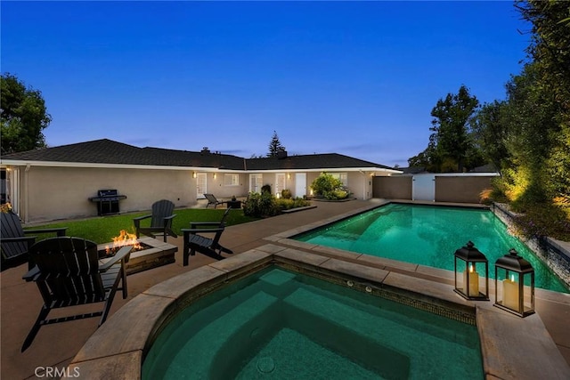 1831 Cockscrow Ln, North Tustin, CA 92705 - pool at dusk featuring an outdoor pool, a fire pit, a patio, and a grill