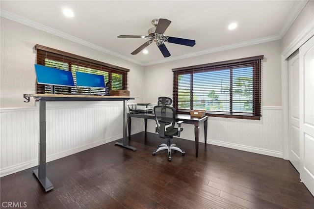 1831 Cockscrow Ln, North Tustin, CA 92705 - office featuring ceiling fan, wood finished floors, a wainscoted wall, ornamental molding, and recessed lighting