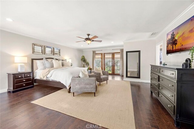 1831 Cockscrow Ln, North Tustin, CA 92705 - bedroom featuring crown molding, dark wood-style flooring, recessed lighting, and a ceiling fan