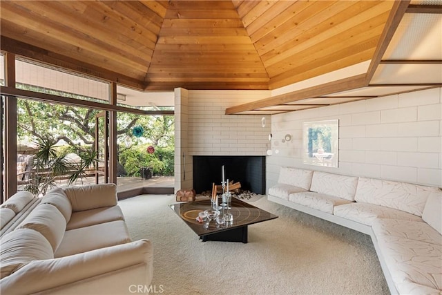 1501 Clearview Ln, North Tustin, CA 92705 - carpeted living room featuring a brick fireplace and wood ceiling
