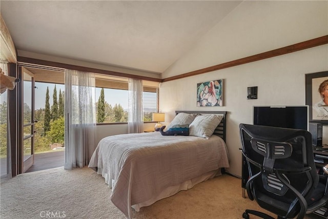 1501 Clearview Ln, North Tustin, CA 92705 - bedroom with access to exterior, vaulted ceiling, carpet, and a desk