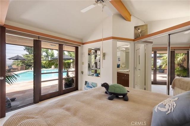 1501 Clearview Ln, North Tustin, CA 92705 - bedroom featuring french doors, access to outside, beamed ceiling, carpet floors, and ensuite bathroom