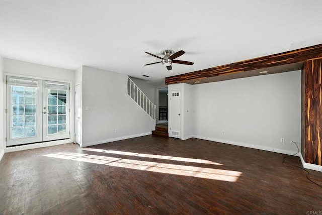 10150 Sierra Madre Rd, Spring Valley, CA 91977 - unfurnished living room featuring ceiling fan, wood finished floors, french doors, and stairway