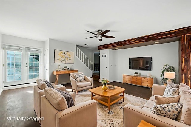 10150 Sierra Madre Rd, Spring Valley, CA 91977 - living room with stairway, a ceiling fan, wood finished floors, and french doors