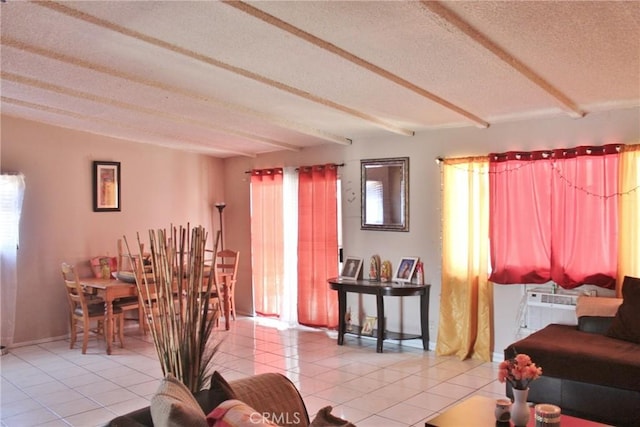 10343 Amherst Ave, Montclair, CA 91763 - living room with light tile patterned flooring, a textured ceiling, beamed ceiling, and cooling unit