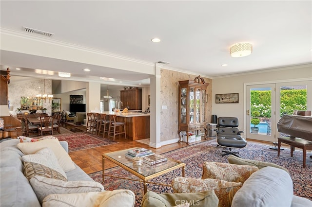 17248 Barneston Ct, Granada Hills, CA 91344 - living room with ornamental molding, a chandelier, and recessed lighting