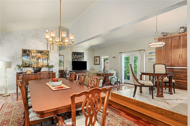 17248 Barneston Ct, Granada Hills, CA 91344 - dining space featuring wallpapered walls, vaulted ceiling, a chandelier, and wood finished floors