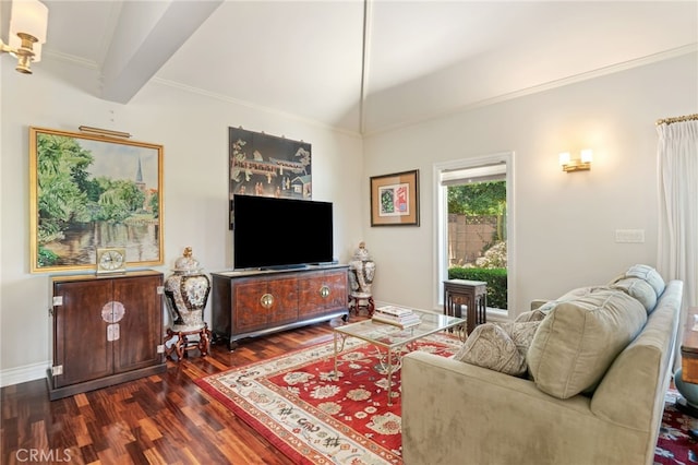 17248 Barneston Ct, Granada Hills, CA 91344 - living area with dark wood-style floors, lofted ceiling, and ornamental molding