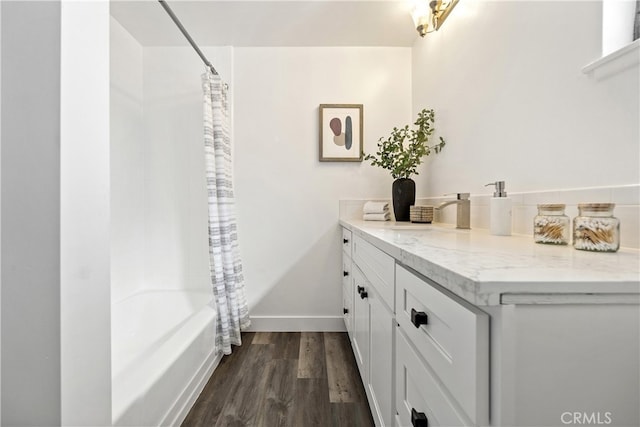 14819 San Feliciano Dr, La Mirada, CA 90638 - full bathroom featuring shower / tub combo, wood finished floors, and vanity