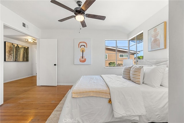 14819 San Feliciano Dr, La Mirada, CA 90638 - bedroom with wood finished floors, lofted ceiling, and a ceiling fan