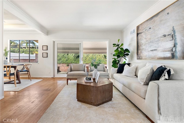 14819 San Feliciano Dr, La Mirada, CA 90638 - living room featuring wood finished floors, beam ceiling, and crown molding