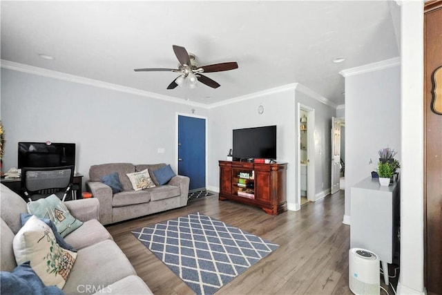 13643 Alcade St, La Puente, CA 91746 - living room with wood finished floors, ceiling fan, and crown molding