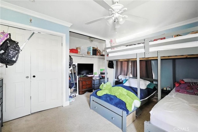 13643 Alcade St, La Puente, CA 91746 - bedroom featuring a closet, crown molding, carpet flooring, and a ceiling fan
