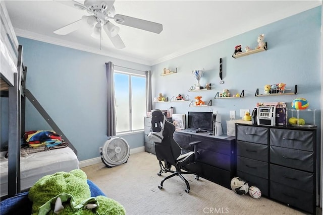 13643 Alcade St, La Puente, CA 91746 - home office featuring crown molding, light colored carpet, and ceiling fan