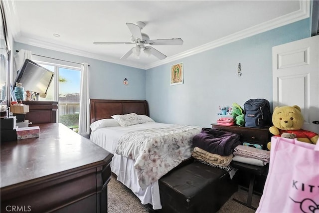 13643 Alcade St, La Puente, CA 91746 - bedroom featuring crown molding, access to exterior, ceiling fan, and carpet floors