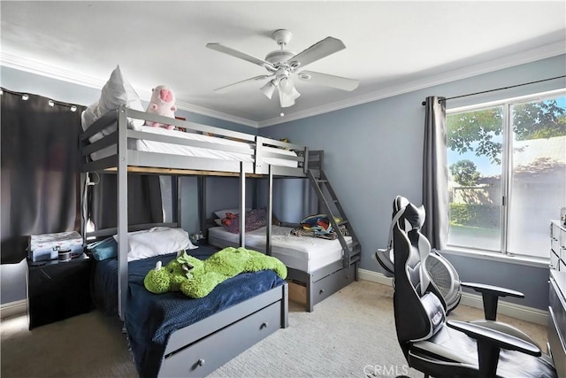 13643 Alcade St, La Puente, CA 91746 - bedroom with ornamental molding, light carpet, and ceiling fan
