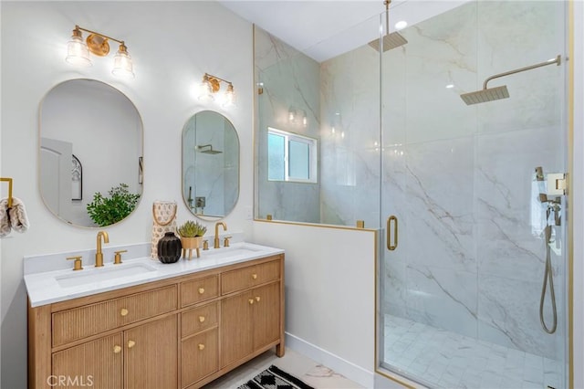 5621 E Carita St, Long Beach, CA 90808 - bathroom with a marble finish shower, double vanity, and marble finish flooring
