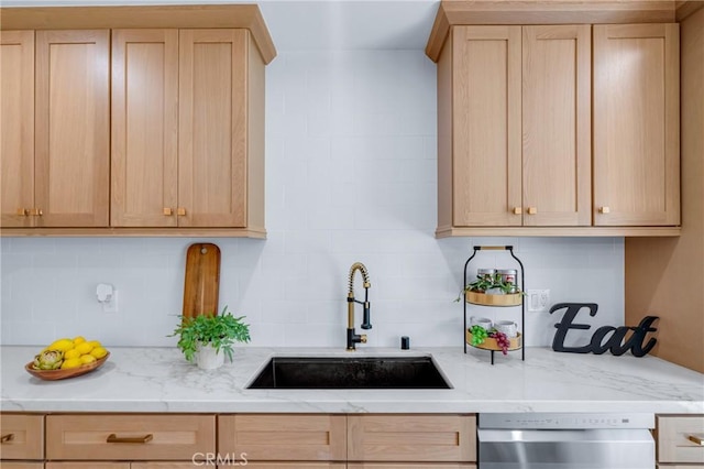 5621 E Carita St, Long Beach, CA 90808 - kitchen with stainless steel dishwasher, light brown cabinets, tasteful backsplash, and light stone counters