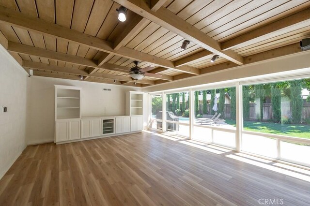 2158 N Ave, Chico, CA 95926 - unfurnished living room with light wood finished floors, a ceiling fan, a wooden ceiling with exposed beams, and wine cooler