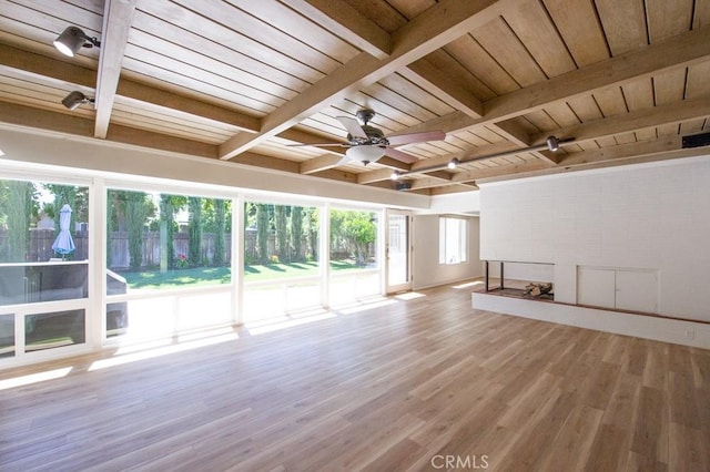 2158 N Ave, Chico, CA 95926 - unfurnished living room featuring a wooden ceiling with exposed beams, light wood-style floors, and ceiling fan