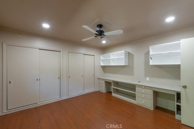 2158 N Ave, Chico, CA 95926 - unfurnished office with built in study area, wood finished floors, ceiling fan, and recessed lighting