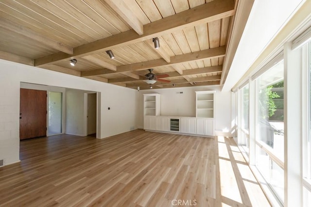 2158 N Ave, Chico, CA 95926 - unfurnished living room with light wood-type flooring, a wood ceiling with exposed beams, and ceiling fan