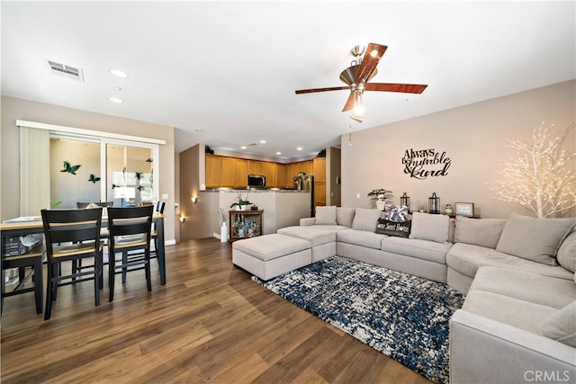 15655 Vista Way Unit 100, Lake Elsinore, CA 92532 - living area featuring ceiling fan, dark wood-type flooring, and recessed lighting