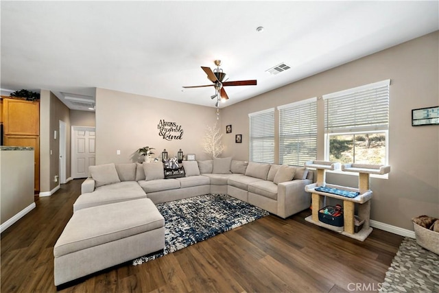 15655 Vista Way Unit 100, Lake Elsinore, CA 92532 - living room featuring a ceiling fan and dark wood-style floors