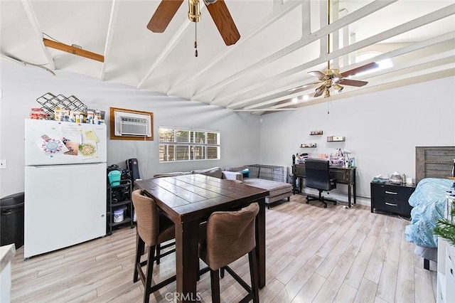 637 N 2nd Ave, Upland, CA 91786 - dining space with a ceiling fan, a wall mounted AC, light wood-style flooring, beamed ceiling, and an office area