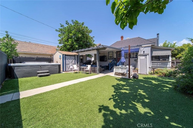 637 N 2nd Ave, Upland, CA 91786 - back of house featuring an outdoor living space, a pergola, a storage unit, a fenced backyard, and a patio