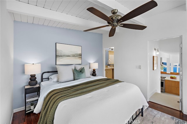 1094 Katella St, Laguna Beach, CA 92651 - bedroom with beamed ceiling, wood finished floors, connected bathroom, and ceiling fan