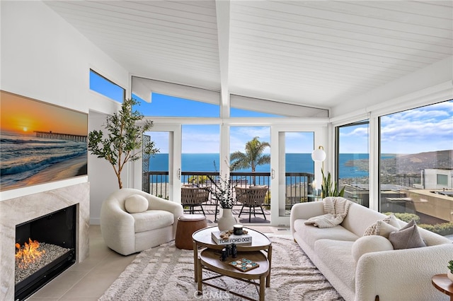 1094 Katella St, Laguna Beach, CA 92651 - living area with a water view, tile patterned floors, and a premium fireplace