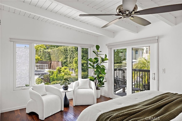 1094 Katella St, Laguna Beach, CA 92651 - bedroom featuring access to outside, wood ceiling, hardwood / wood-style floors, and ceiling fan