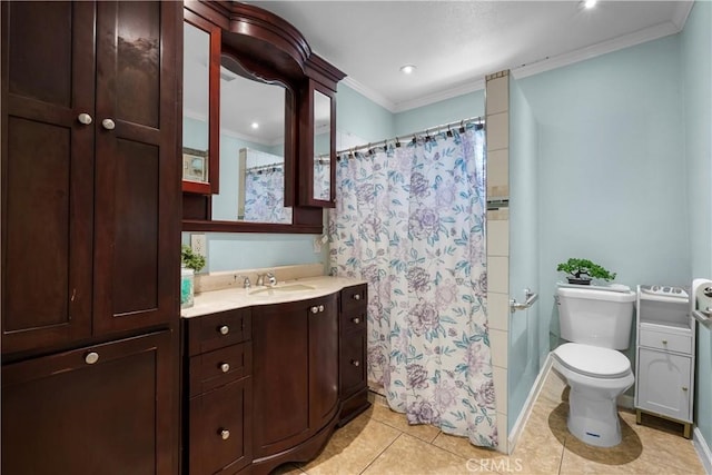 178 E 49th St, Los Angeles, CA 90011 - full bath with ornamental molding, vanity, tile patterned floors, a shower with shower curtain, and recessed lighting