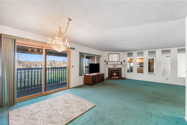 6991 Caminito Perico, San Diego, CA 92119 - unfurnished living room featuring a textured ceiling, carpet, a chandelier, and a tile fireplace